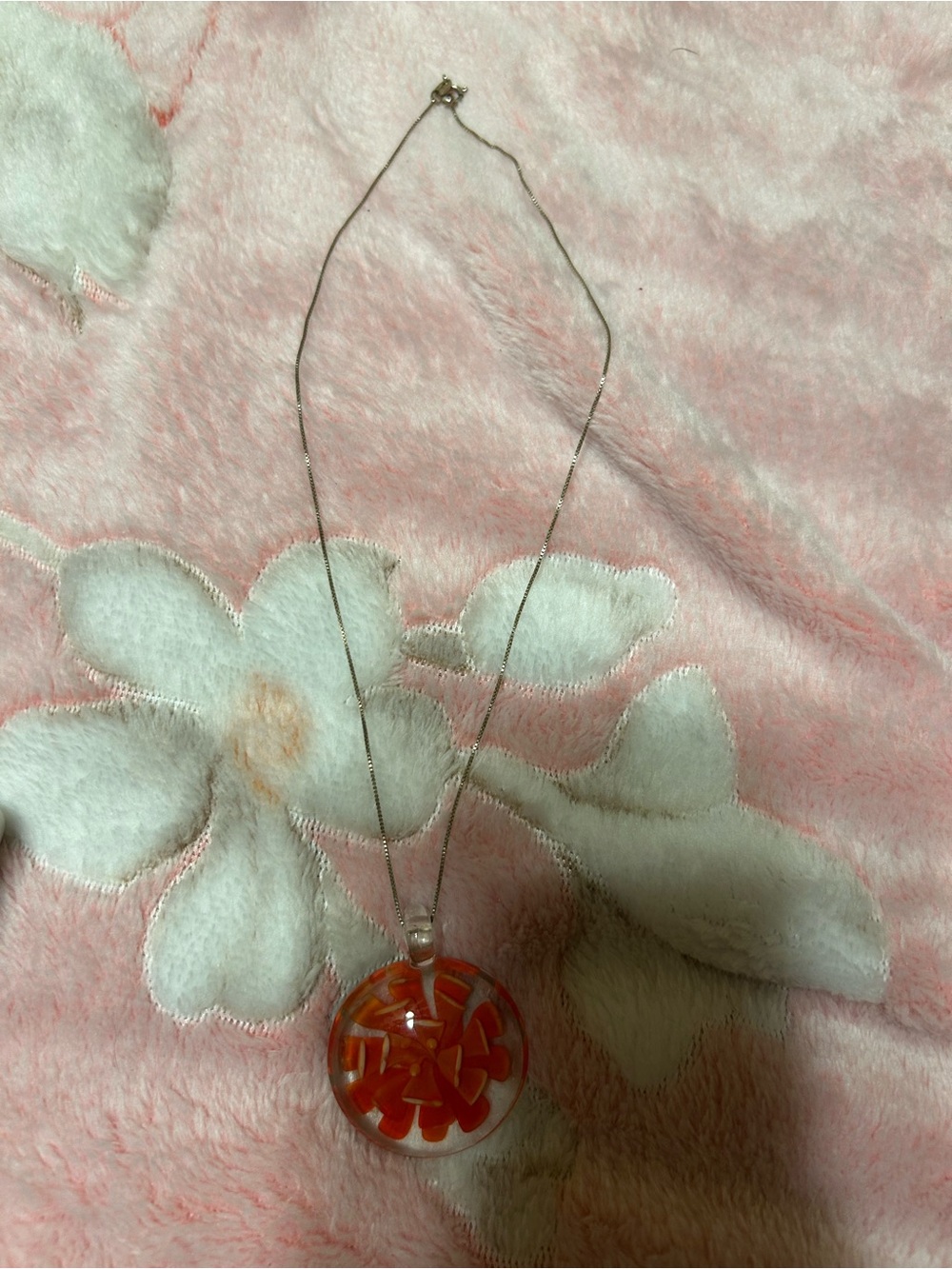 Handmade Glass Pendant Necklace with Red Floral Design